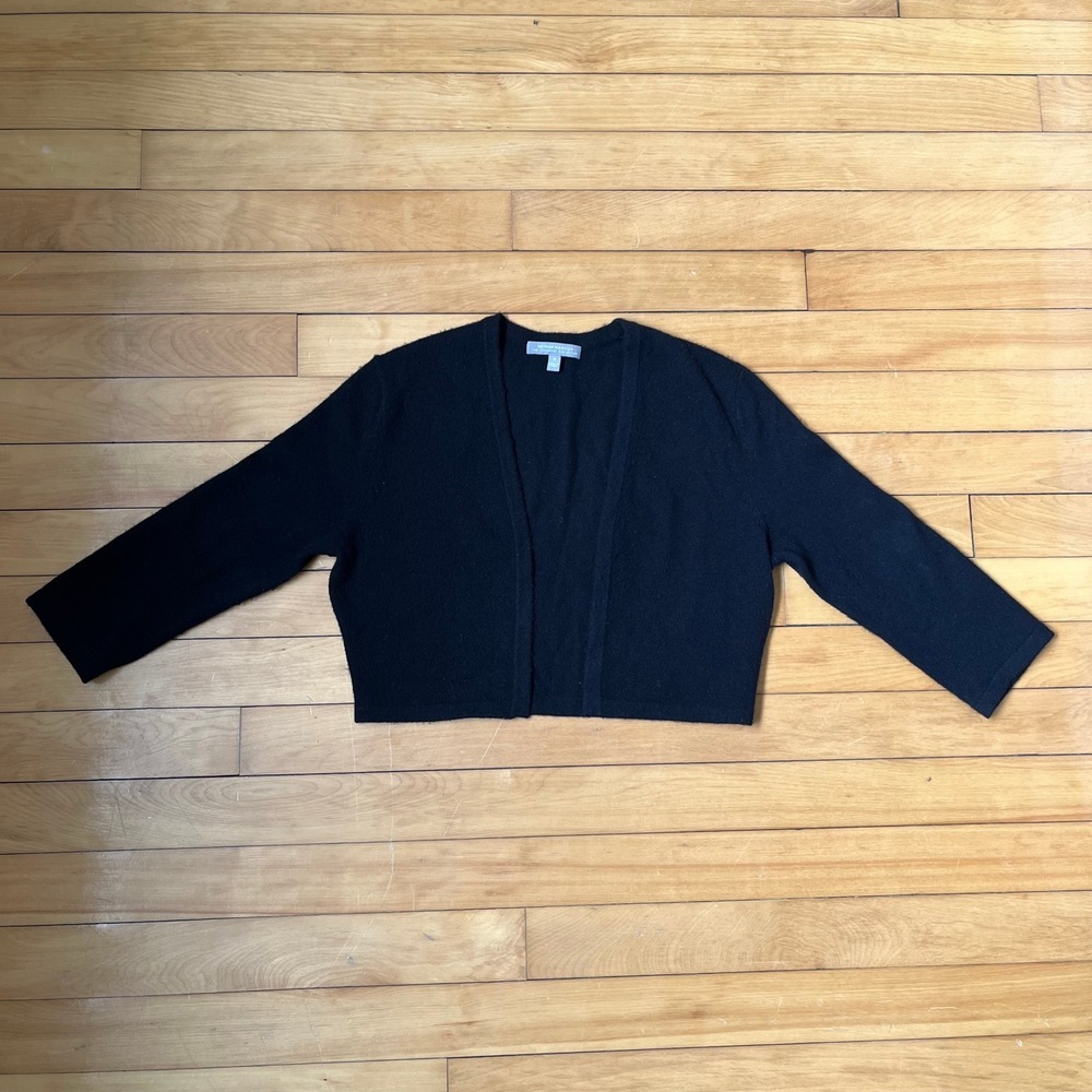 Neiman Marcus Cashmere Cropped Cardigan Sweater Black Open Front Small